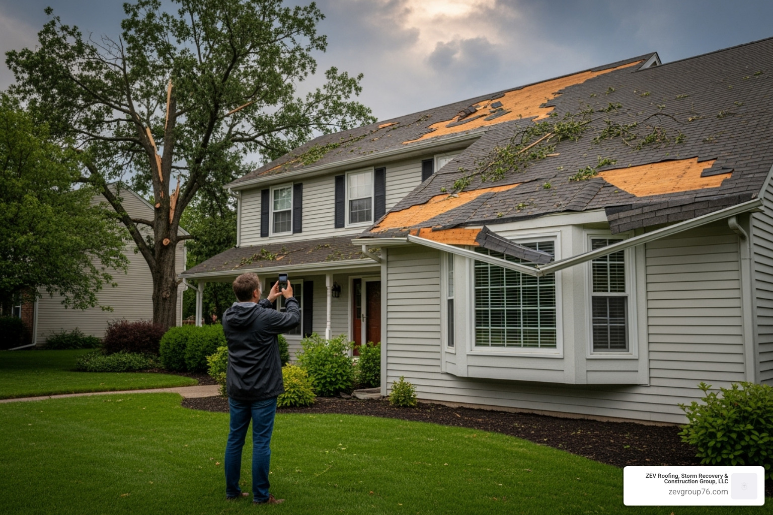 A homeowner safely taking photos of a damaged roof from the ground - storm damage contractor A homeowner safely taking photos of a damaged roof from the ground - storm damage contractor