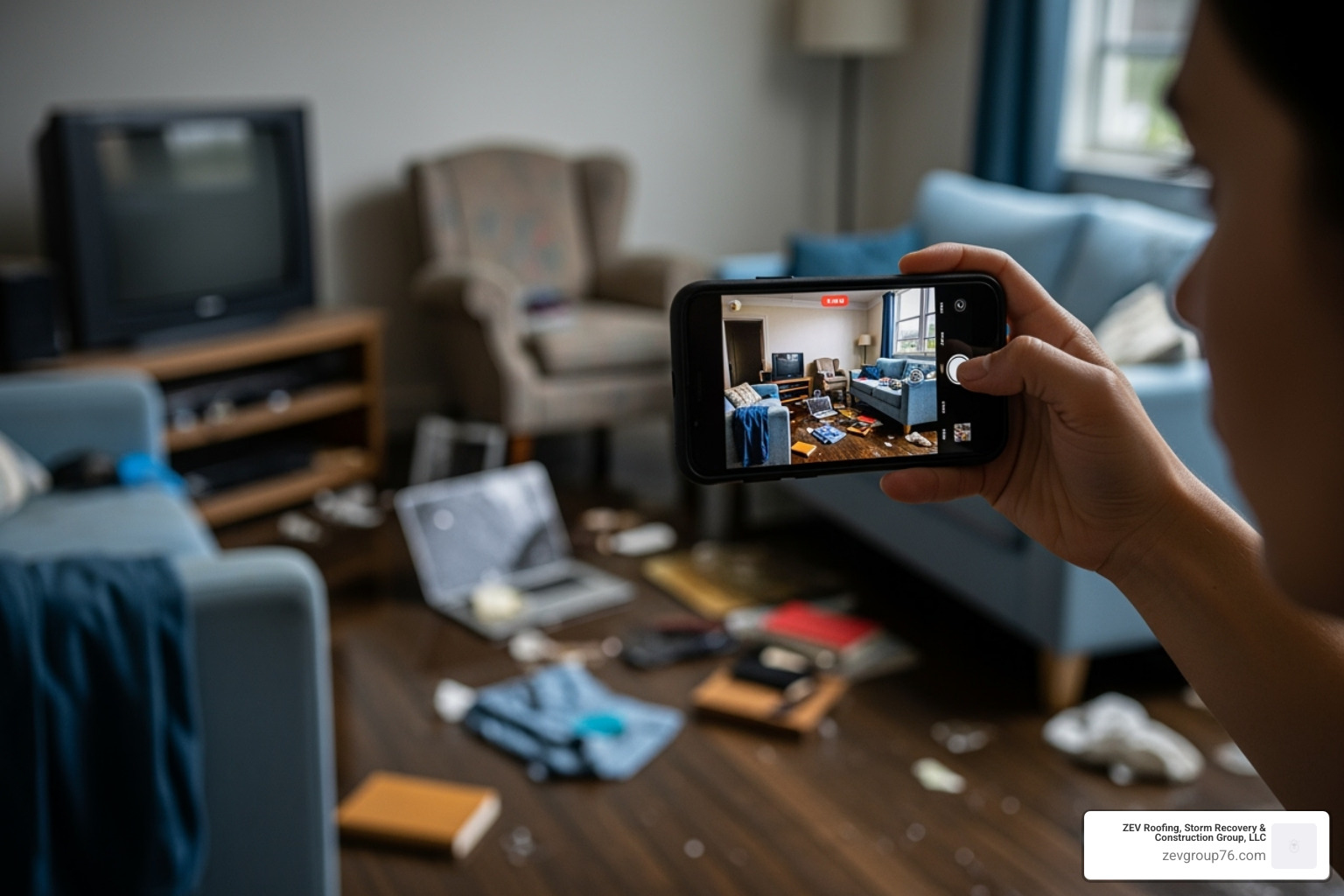A person using a smartphone to video-document damaged belongings room-by-room, capturing details of furniture, electronics, and personal items affected by water damage - help with homeowners insurance claims A person using a smartphone to video-document damaged belongings room-by-room, capturing details of furniture, electronics, and personal items affected by water damage - help with homeowners insurance claims