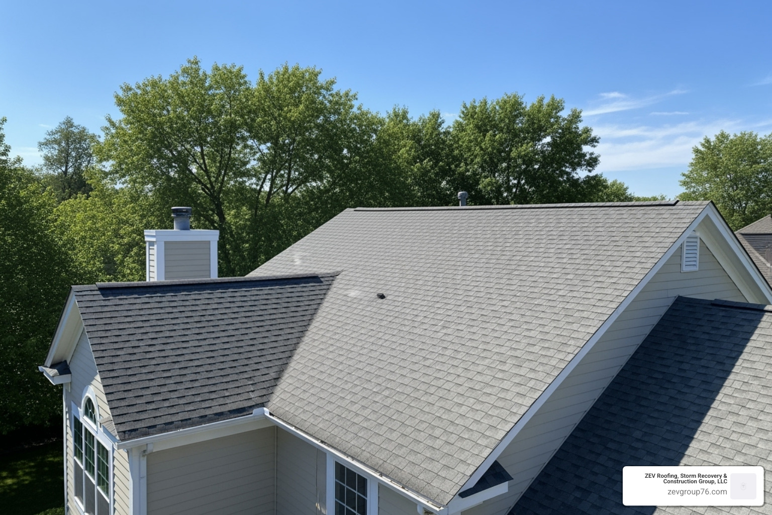 A newly repaired and clean roof on a suburban home, with a clear sky above and green trees in the background - help with homeowners insurance claims A newly repaired and clean roof on a suburban home, with a clear sky above and green trees in the background - help with homeowners insurance claims
