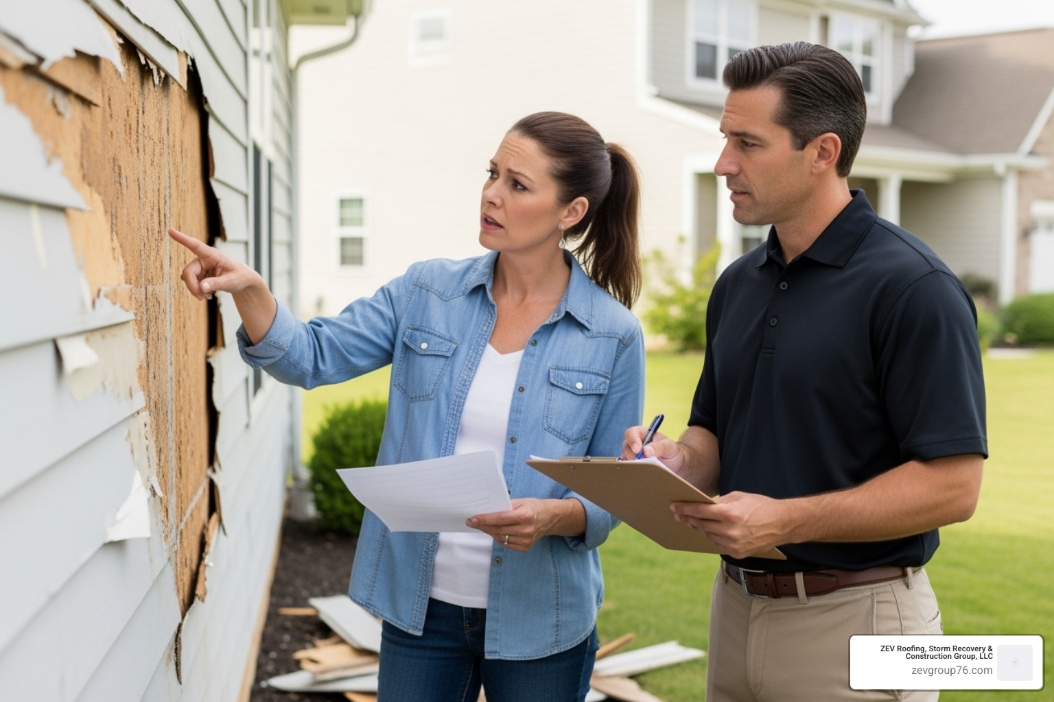 A homeowner and an insurance adjuster reviewing documents and inspecting a damaged section of a home's exterior wall - help with homeowners insurance claims A homeowner and an insurance adjuster reviewing documents and inspecting a damaged section of a home's exterior wall - help with homeowners insurance claims