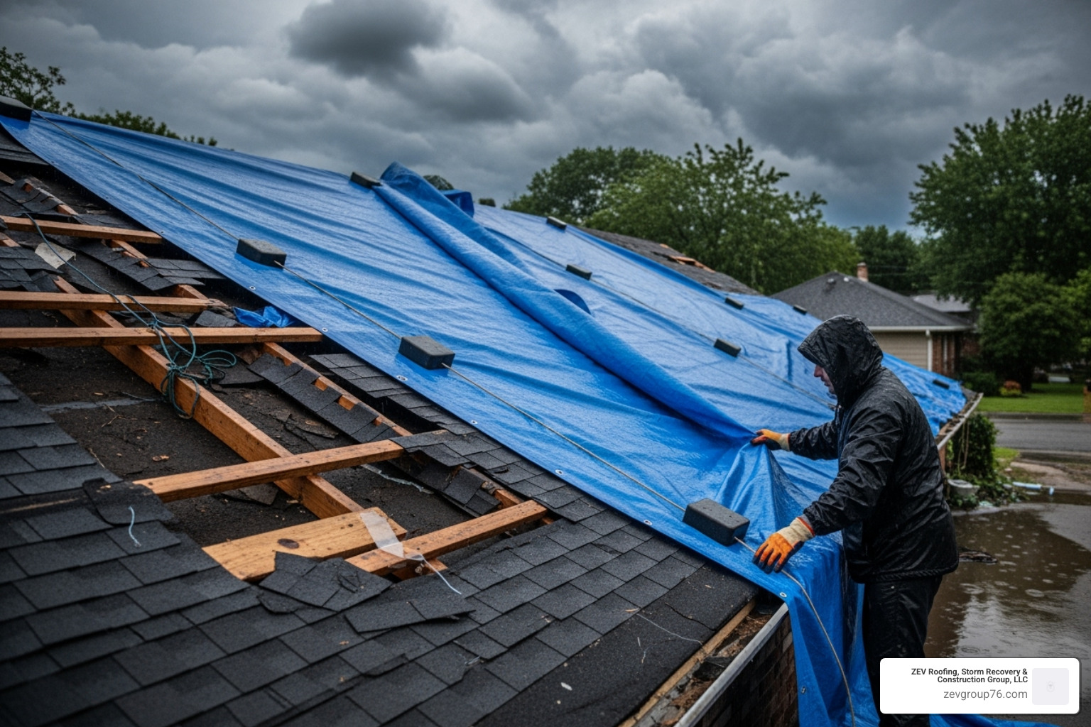 A person placing a blue tarp on a damaged roof to prevent further water entry after a storm - help with homeowners insurance claims A person placing a blue tarp on a damaged roof to prevent further water entry after a storm - help with homeowners insurance claims