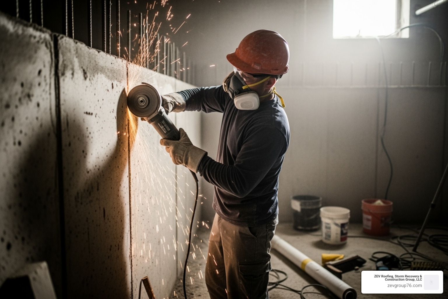 Professional preparing a concrete wall by grinding it smooth before applying a waterproofing product - Exterior wall waterproofing Professional preparing a concrete wall by grinding it smooth before applying a waterproofing product - Exterior wall waterproofing