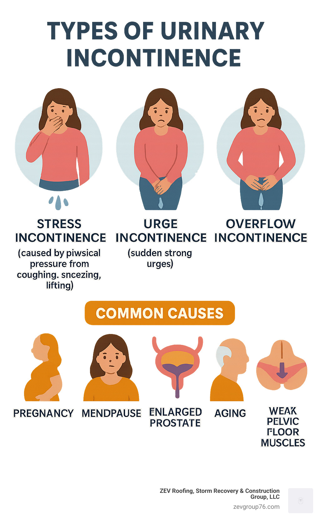 Comprehensive guide showing types of urinary incontinence including stress incontinence (caused by physical pressure from coughing, sneezing, lifting), urge incontinence (sudden strong urges), and overflow incontinence, with common causes like pregnancy, menopause, enlarged prostate, aging, and weak pelvic floor muscles - how to prevent leaking infographic Comprehensive guide showing types of urinary incontinence including stress incontinence (caused by physical pressure from coughing, sneezing, lifting), urge incontinence (sudden strong urges), and overflow incontinence, with common causes like pregnancy, menopause, enlarged prostate, aging, and weak pelvic floor muscles - how to prevent leaking infographic