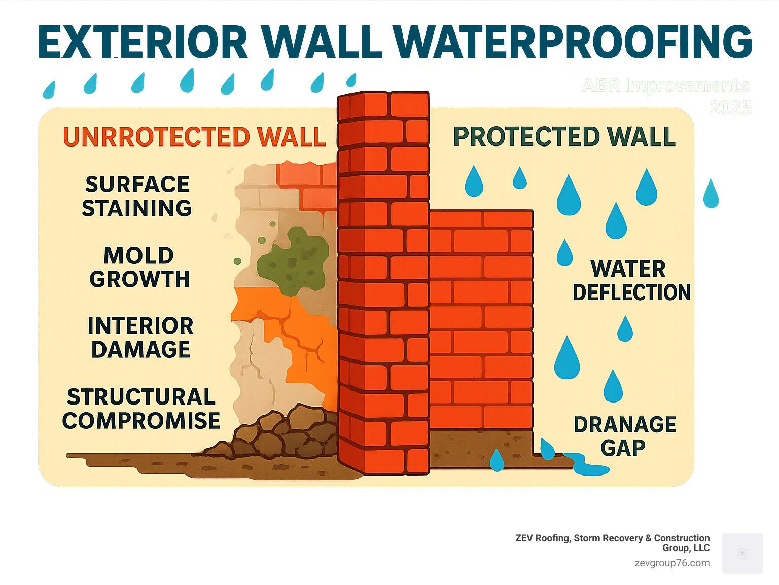 Comprehensive infographic showing water penetration through an unprotected exterior wall versus a properly waterproofed wall, including damage progression from surface staining to structural compromise, mold growth, and interior damage, contrasted with a protected wall showing water deflection and drainage - Exterior wall waterproofing infographic Comprehensive infographic showing water penetration through an unprotected exterior wall versus a properly waterproofed wall, including damage progression from surface staining to structural compromise, mold growth, and interior damage, contrasted with a protected wall showing water deflection and drainage - Exterior wall waterproofing infographic