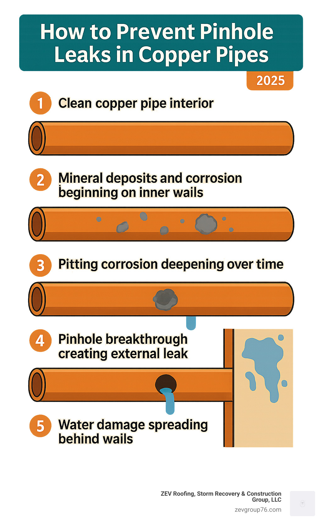 Infographic showing the progression of pinhole leak formation: 1) Clean copper pipe interior, 2) Mineral deposits and corrosion beginning on inner walls, 3) Pitting corrosion deepening over time, 4) Pinhole breakthrough creating external leak, 5) Water damage spreading behind walls - how to prevent pinhole leaks in copper pipes infographic 