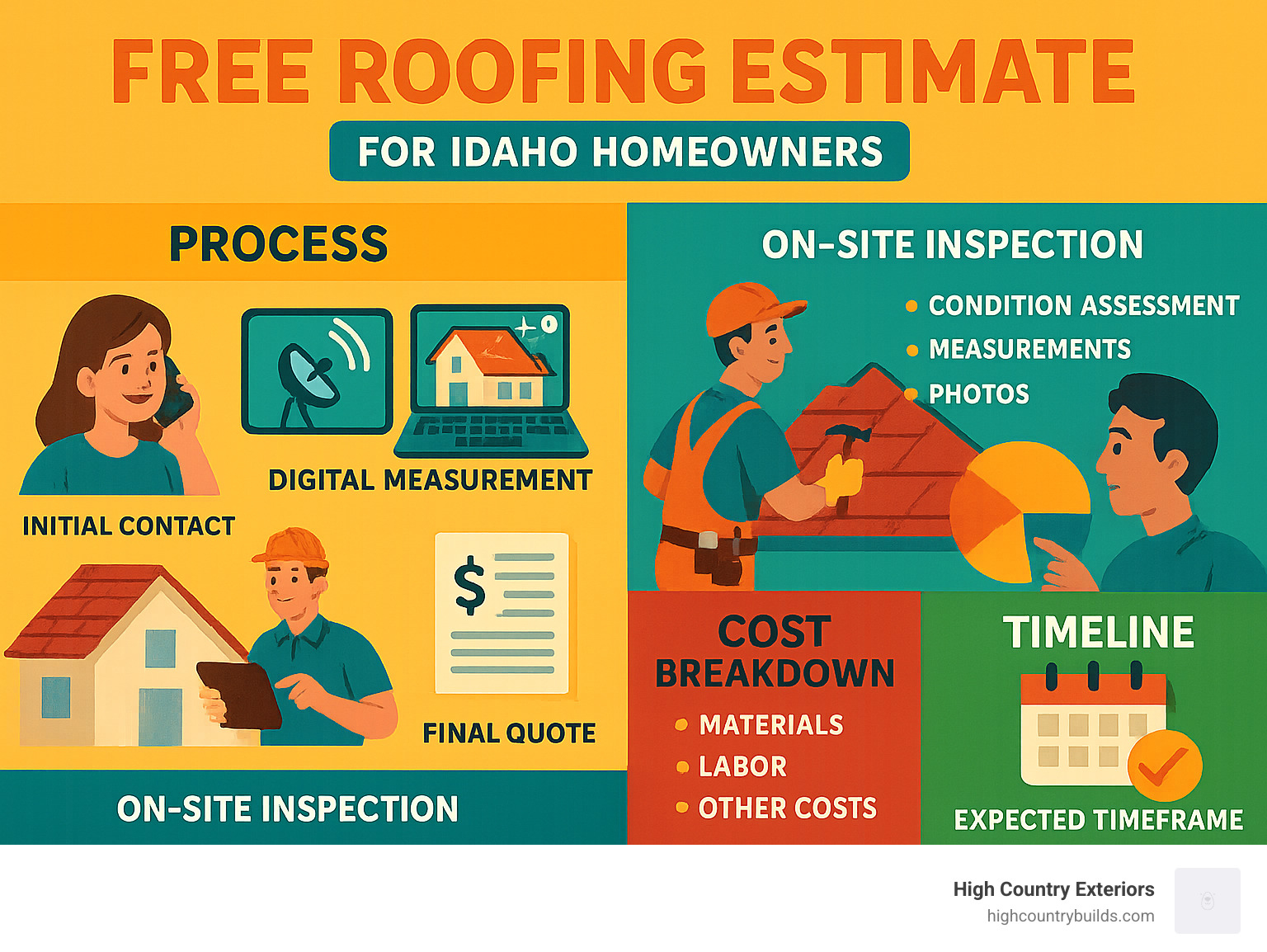Detailed infographic showing the free roofing estimate process from initial contact through final quote, including digital measurement tools, on-site inspection steps, cost breakdown components, and timeline expectations for Idaho homeowners - Free roofing estimate infographic 