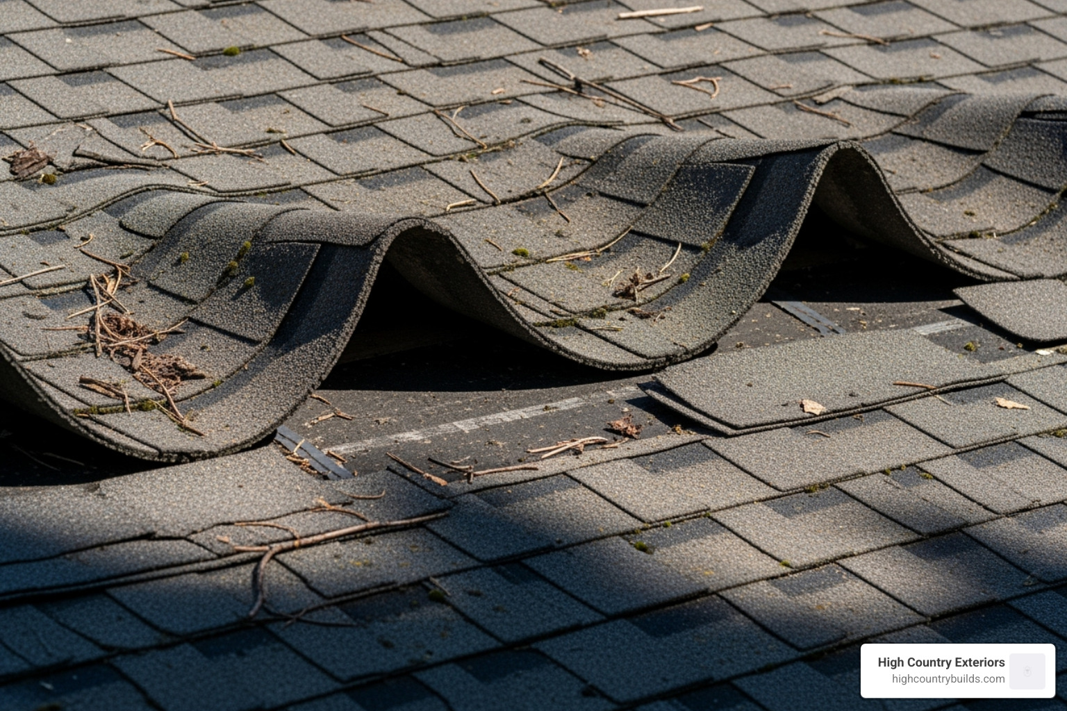Image of curling and missing asphalt shingles - residential roof replacement service