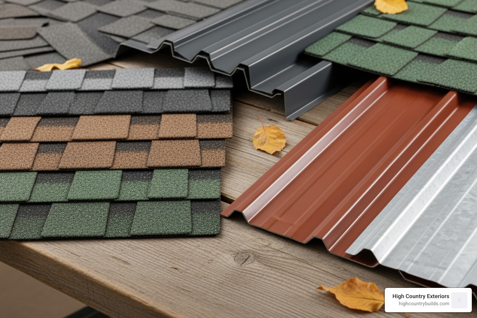 Image showing samples of different roofing materials like asphalt shingles and metal panels - residential roof replacement service