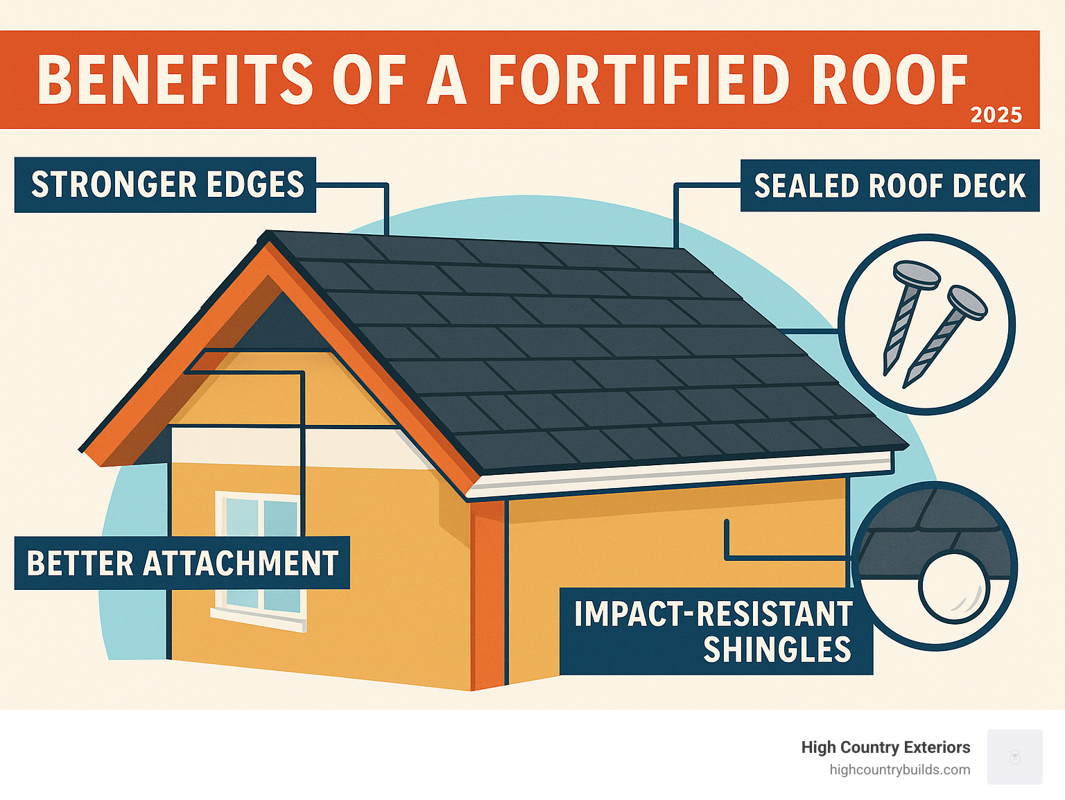 Infographic explaining the benefits of a FORTIFIED roof, including stronger edges, sealed roof deck, better attachment, and impact-resistant shingles - residential roof replacement service infographic 