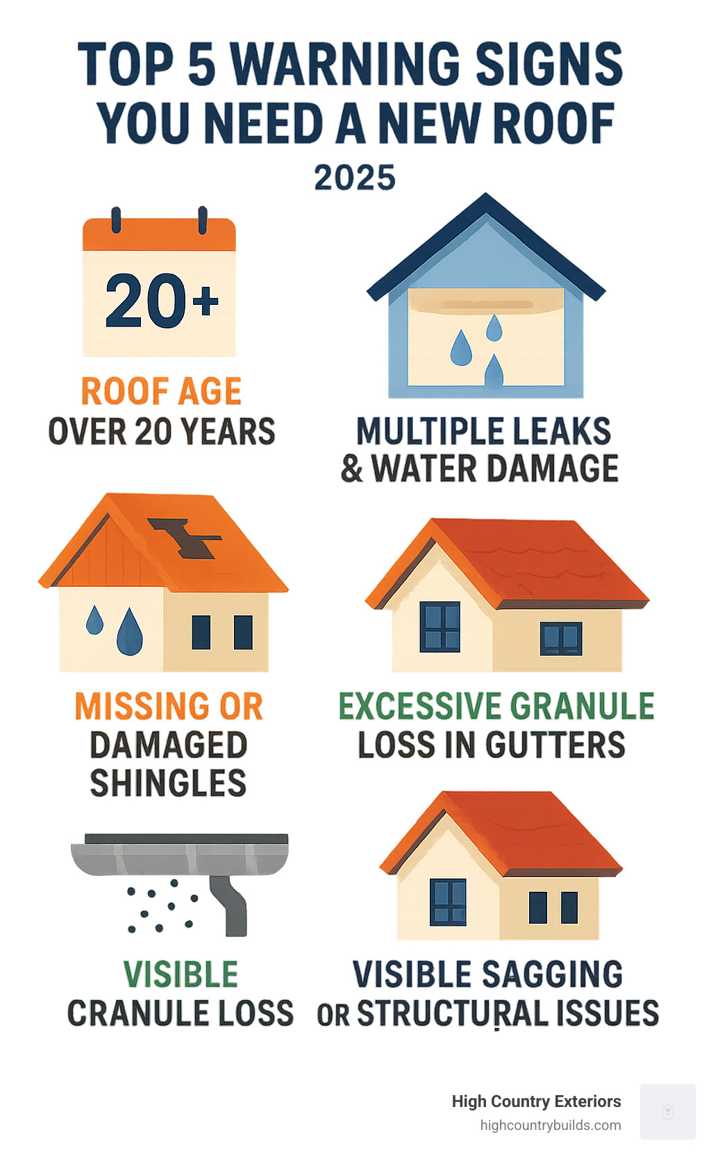 Infographic showing the top 5 warning signs that indicate you need a new roof: roof age over 20 years, multiple leaks and water damage, missing or damaged shingles, excessive granule loss in gutters, and visible sagging or structural issues - residential roof replacement service infographic 