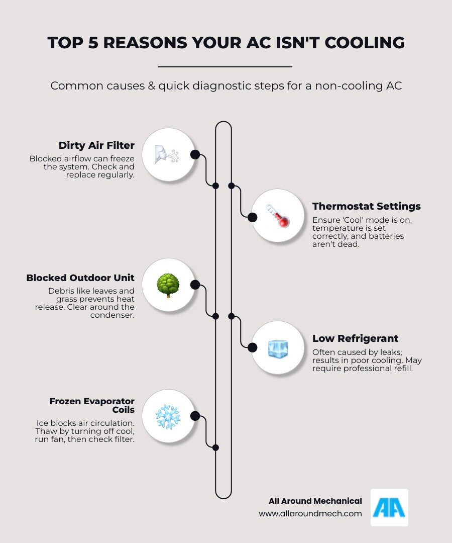 Infographic showing the top 5 most common causes of AC not cooling with simple diagnostic steps: checking thermostat settings, inspecting air filter condition, examining outdoor unit for debris, looking for ice on coils, and identifying signs of refrigerant leaks - AC not cooling infographic infographic-line-5-steps-neat_beige