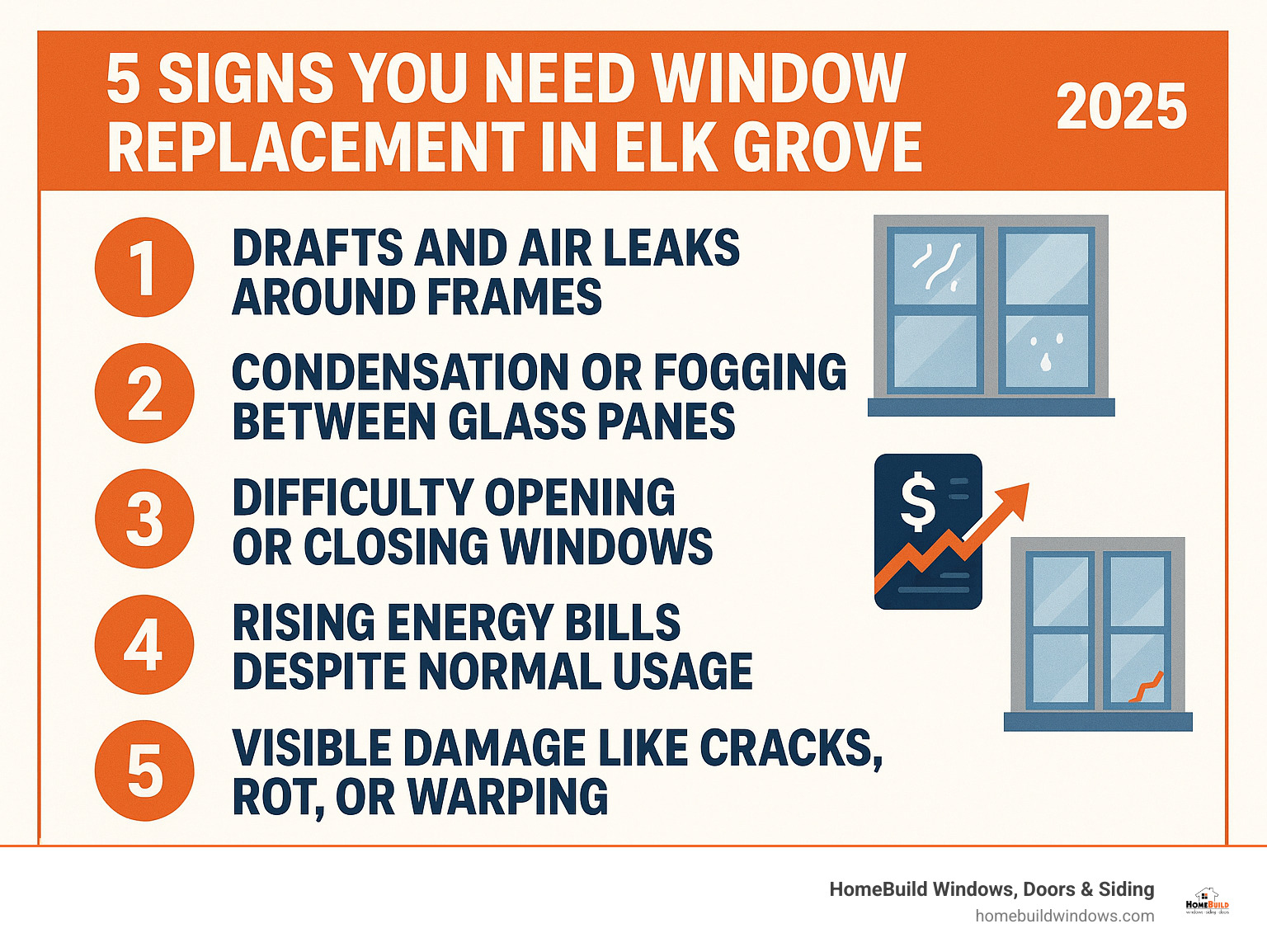 Infographic showing the top 5 signs you need window replacement in Elk Grove: 1) Drafts and air leaks around frames 2) Condensation or fogging between glass panes 3) Difficulty opening or closing windows 4) Rising energy bills despite normal usage 5) Visible damage like cracks, rot, or warping - Elk Grove window replacement infographic 