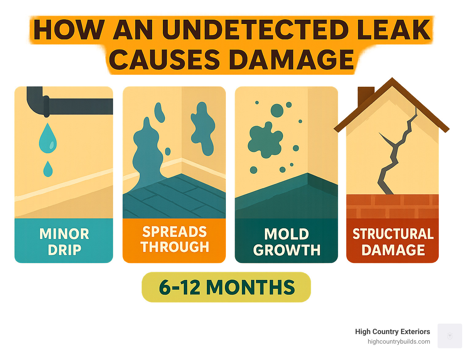 Infographic showing the progression of a small undetected leak starting as a minor drip, then spreading through walls and flooring, eventually causing structural damage, mold growth, and foundation problems over 6-12 months - Leak detection services infographic 