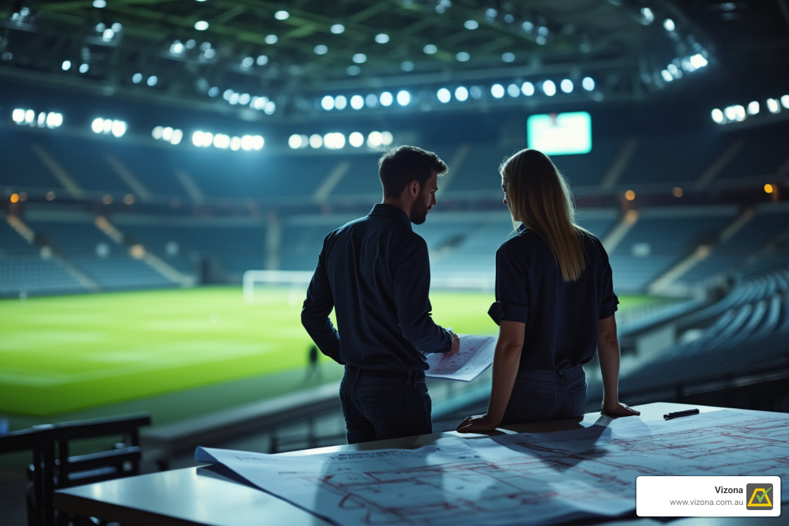 A consultation at a sports facility, showing lighting plans and discussing options - LED Sports Lighting