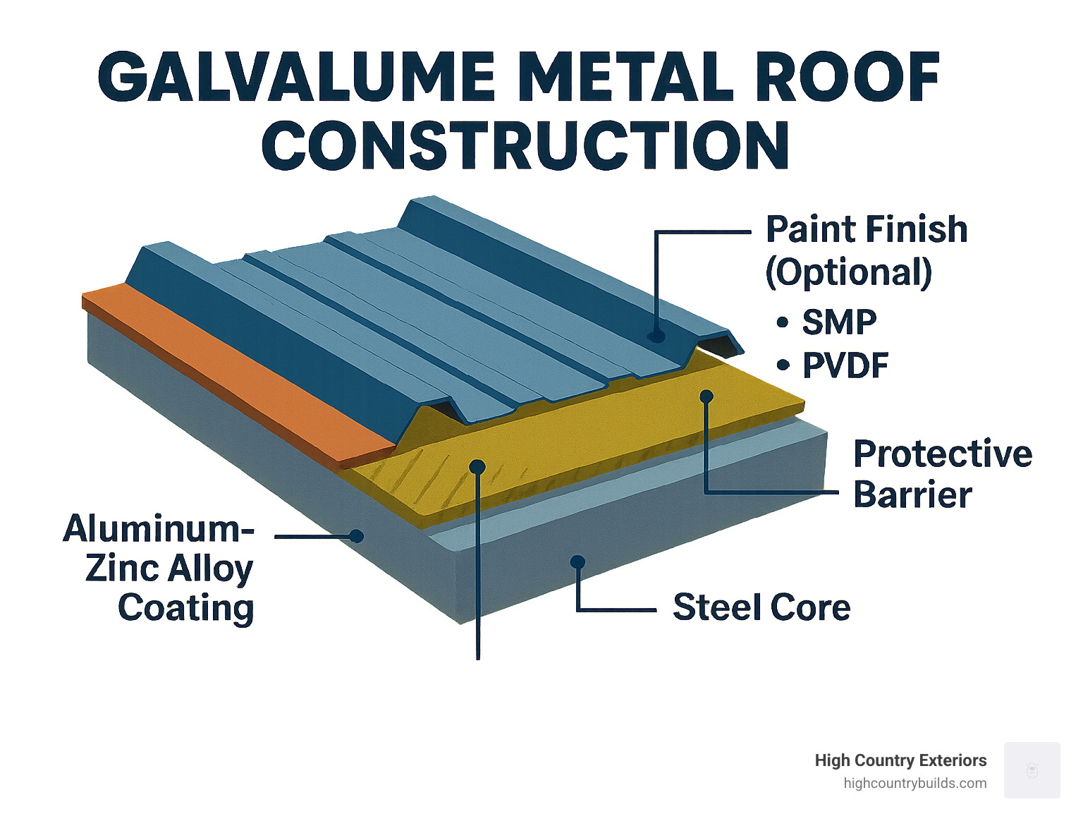 Detailed cross-section infographic showing galvalume metal roof construction with steel core base layer, aluminum-zinc alloy coating application, protective barrier properties, and optional paint finish options including SMP and PVDF systems - galvalume metal roof infographic 