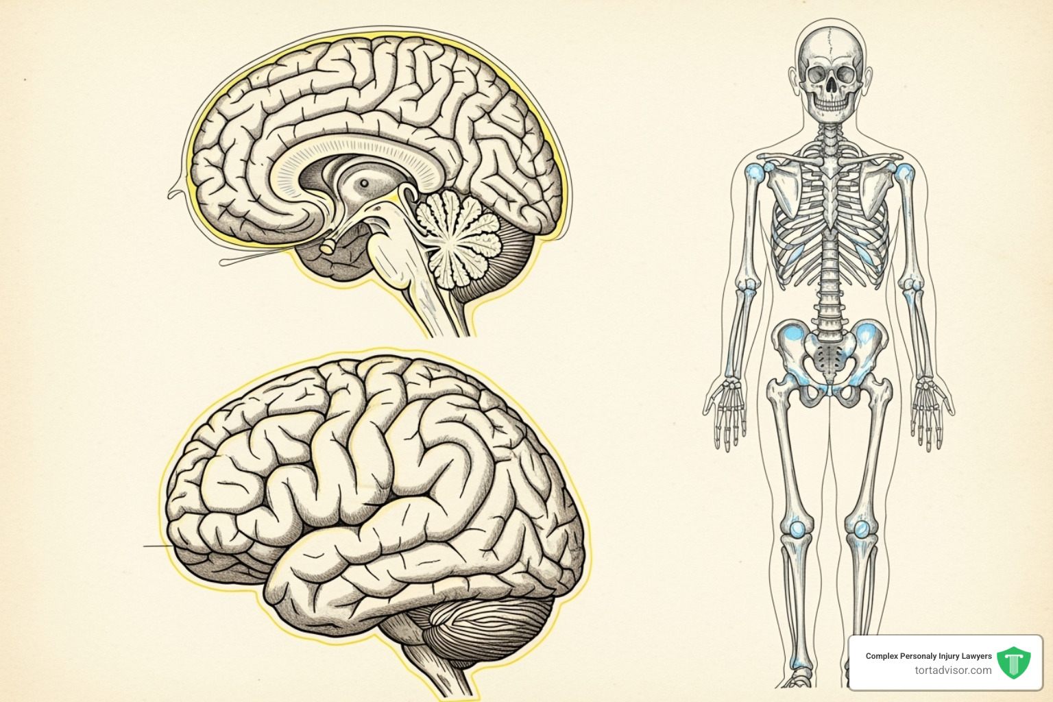 Illustration of the brain and skeletal system highlighting areas affected by meningiomas and bone loss - depo-provera lawsuit side effects