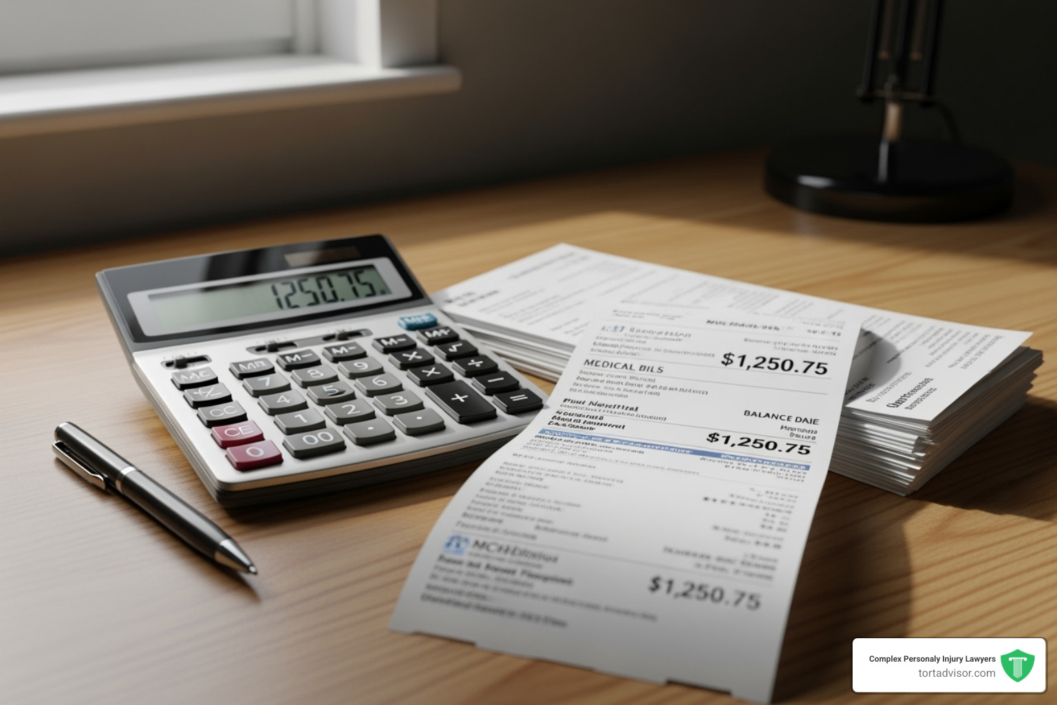 A calculator and medical bills on a desk - Dangerous drug attorney