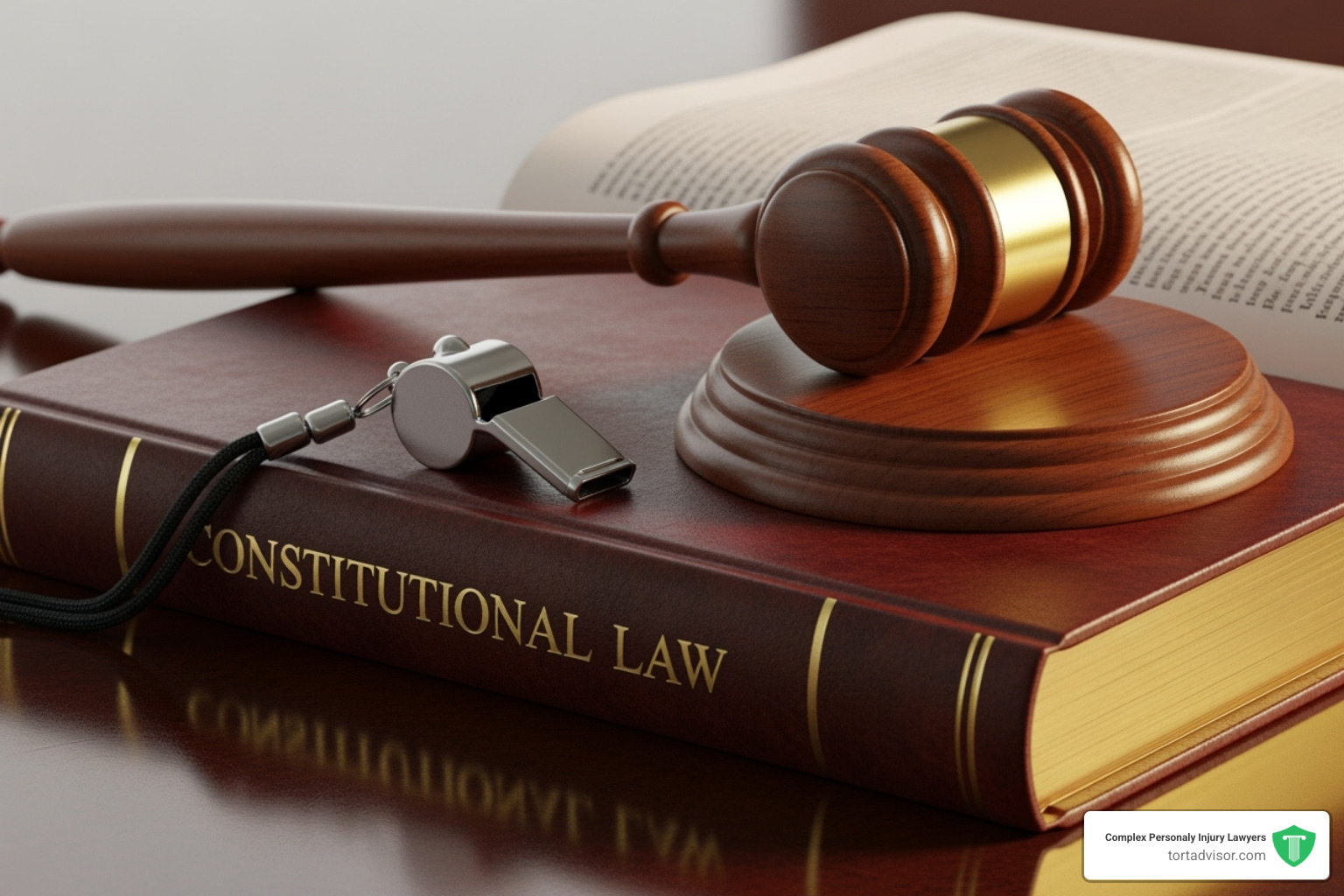 gavel resting on a law book with a sports whistle nearby - athletic director no tolerance policy sexual abuse