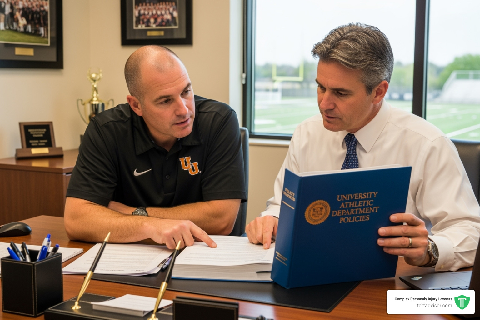 coach and athletic director reviewing a policy handbook together - athletic director no tolerance policy sexual abuse