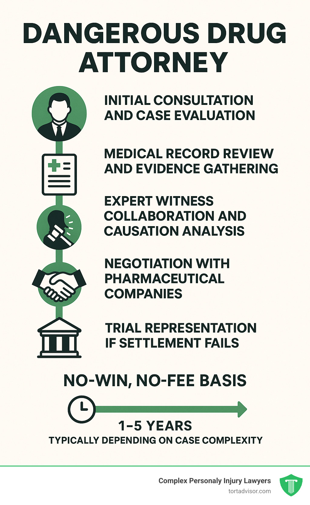 Infographic showing the dangerous drug attorney process: Initial consultation and case evaluation, medical record review and evidence gathering, expert witness collaboration and causation analysis, negotiation with pharmaceutical companies, trial representation if settlement fails, all on a no-win no-fee basis with timeline typically 1-5 years depending on case complexity - Dangerous drug attorney infographic 