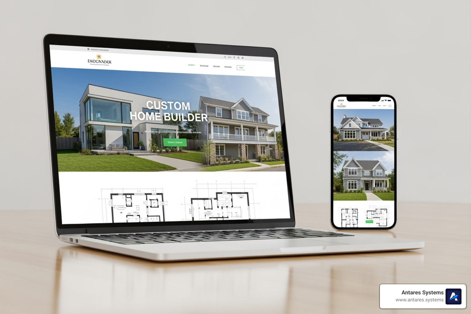 Custom home builder's website displayed on a laptop and a smartphone - custom home builder leads