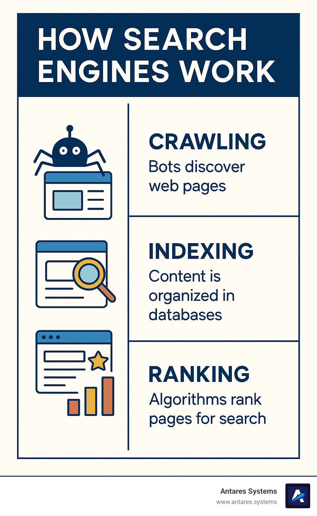 Infographic showing how search engines work in 3 stages: Crawling where bots find web pages, Indexing where content gets organized in search databases, and Ranking where algorithms determine which pages appear first for specific searches - does seo work for small businesses infographic 