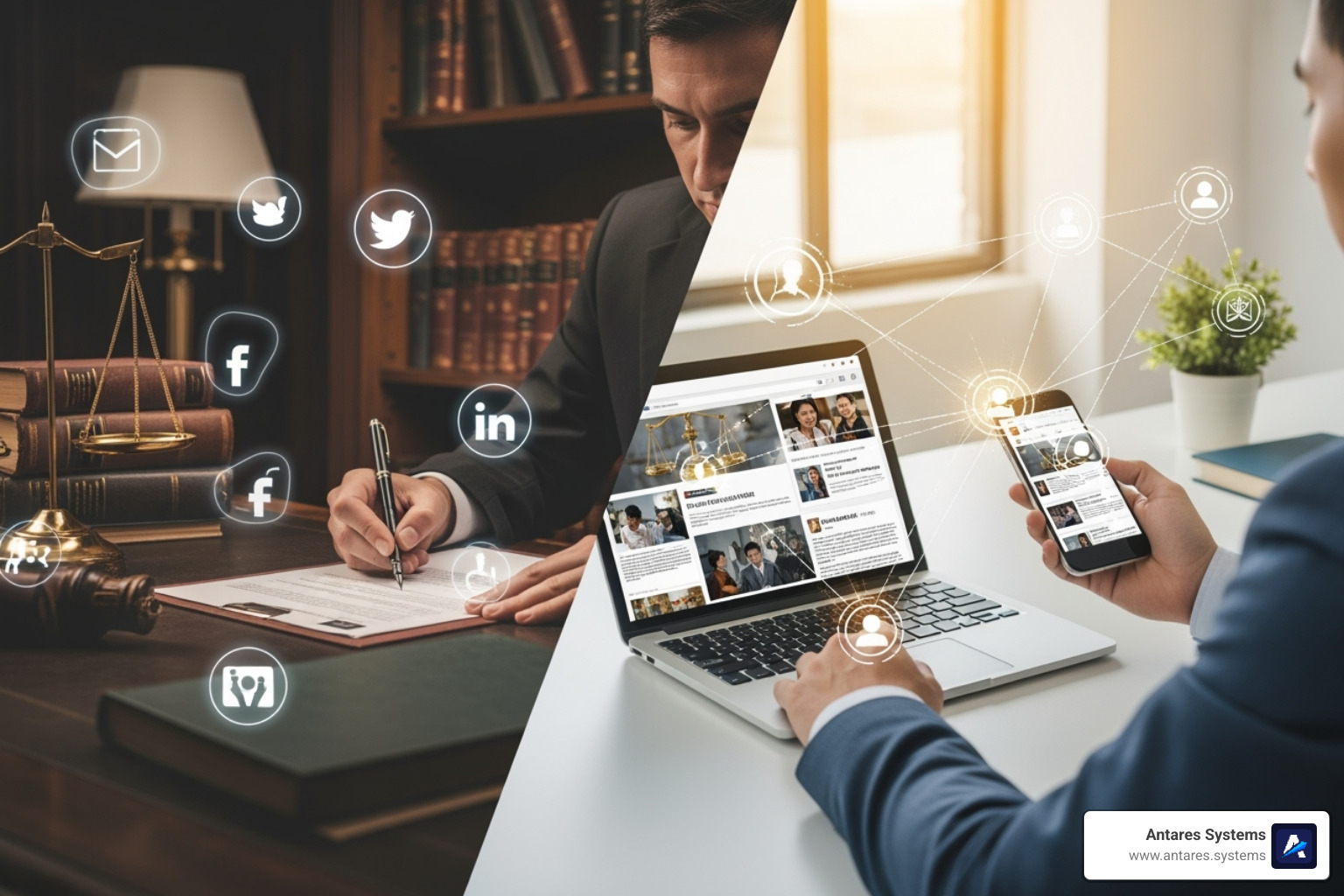 Collage showing different types of content (video, infographic, blog post) on various social media interfaces like LinkedIn, Facebook, Instagram, and TikTok, demonstrating diverse content strategies. - social media for lawyers Collage showing different types of content (video, infographic, blog post) on various social media interfaces like LinkedIn, Facebook, Instagram, and TikTok, demonstrating diverse content strategies. - social media for lawyers