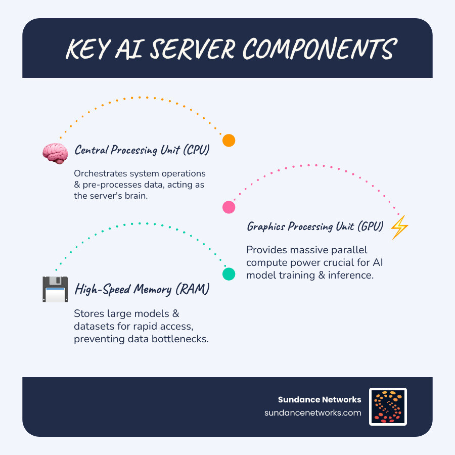 Detailed infographic showing AI server architecture with labeled components: dual CPUs at the top, multiple GPUs in expansion slots, RAM modules, NVMe storage drives, networking interfaces, power supplies, and cooling systems, illustrating how each component contributes to AI processing capabilities - AI server hardware infographic infographic-line-3-steps-blues-accent_colors Detailed infographic showing AI server architecture with labeled components: dual CPUs at the top, multiple GPUs in expansion slots, RAM modules, NVMe storage drives, networking interfaces, power supplies, and cooling systems, illustrating how each component contributes to AI processing capabilities - AI server hardware infographic infographic-line-3-steps-blues-accent_colors