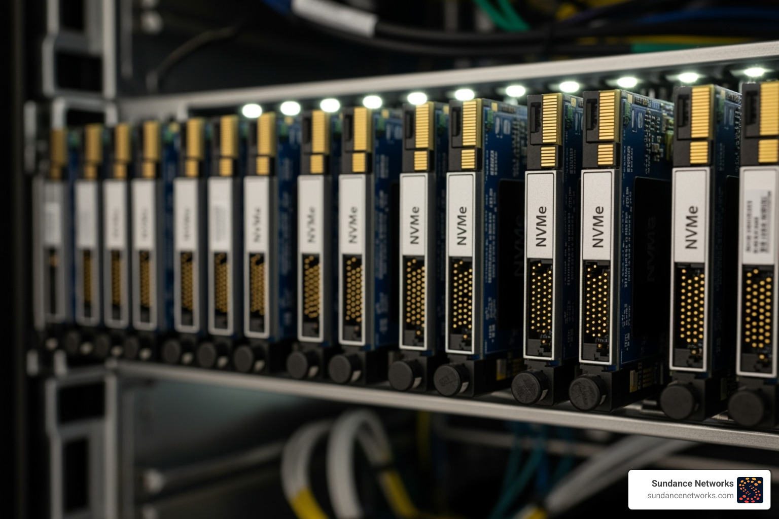 NVMe SSDs neatly arranged in a server bay, highlighting their compact form factor and high-speed connectors - AI server hardware NVMe SSDs neatly arranged in a server bay, highlighting their compact form factor and high-speed connectors - AI server hardware