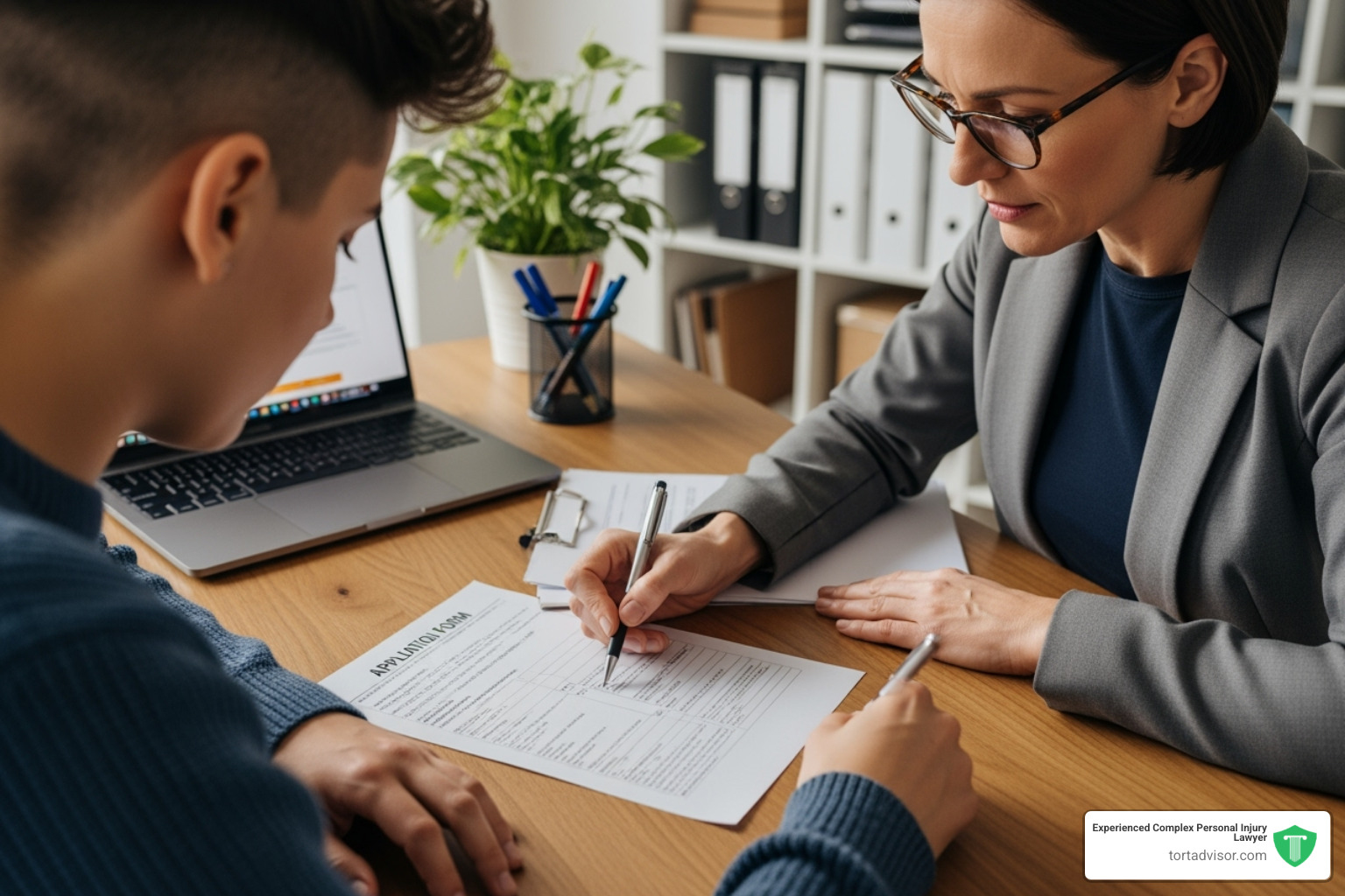 a person filling out an application form with a supportive advisor - Victim compensation fund