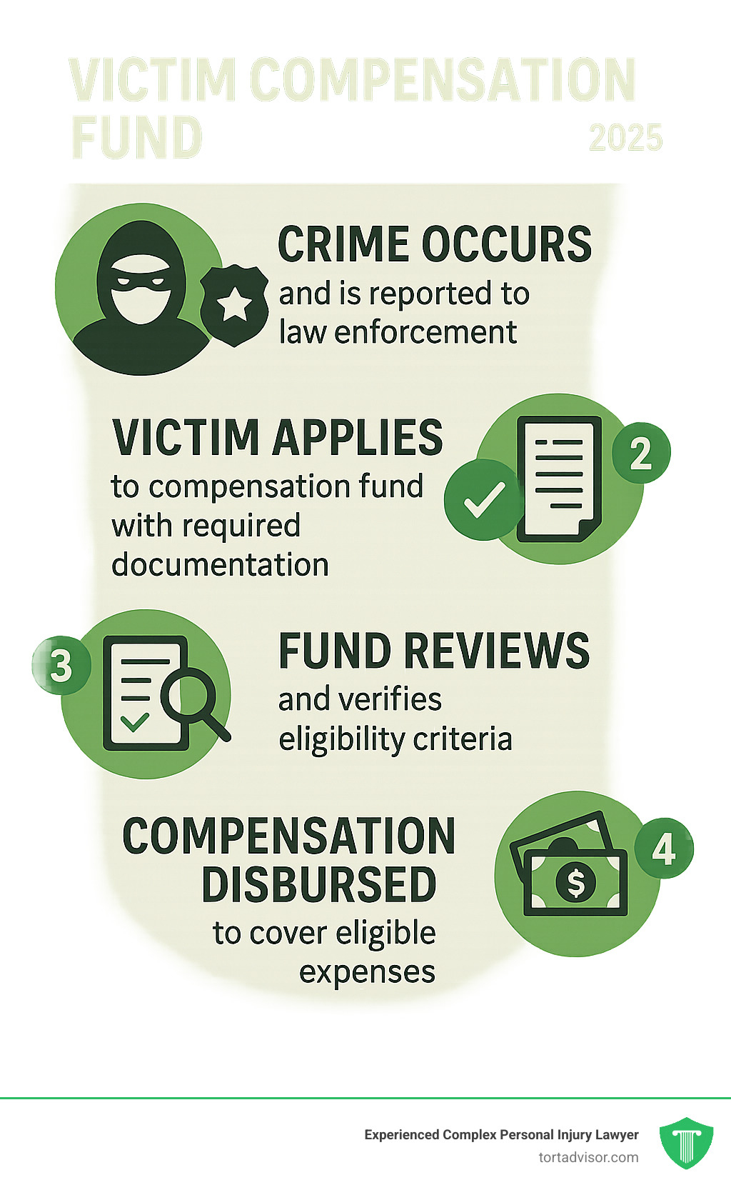 Infographic showing the 4-step victim compensation process: 1) Crime occurs and is reported to law enforcement, 2) Victim applies to appropriate compensation fund with required documentation, 3) Fund reviews application and verifies eligibility criteria, 4) Approved compensation is disbursed to cover eligible expenses - Victim compensation fund infographic