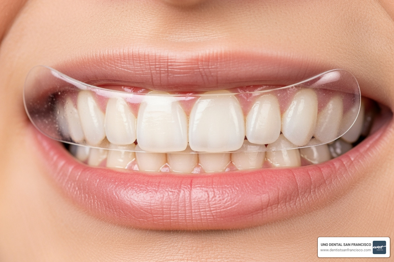 Image illustrating the correct application of a whitening strip, avoiding the gums - Whiten teeth safely Image illustrating the correct application of a whitening strip, avoiding the gums - Whiten teeth safely