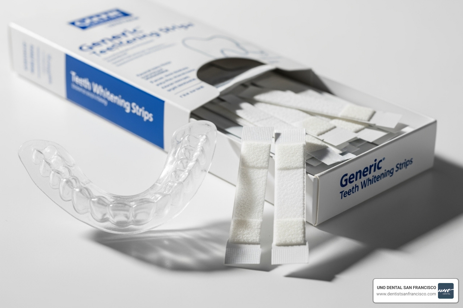 Image of a custom dental tray next to a box of generic whitening strips - Whiten teeth safely Image of a custom dental tray next to a box of generic whitening strips - Whiten teeth safely