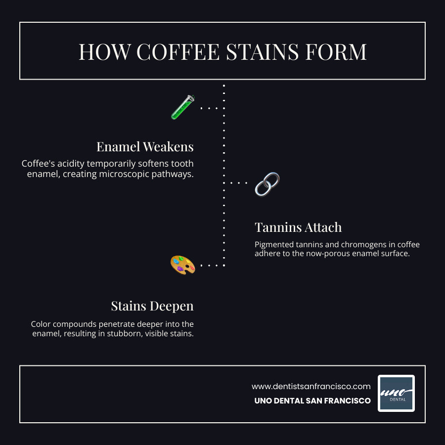 Detailed infographic showing the step-by-step process of how coffee tannins penetrate tooth enamel, from initial contact to stain formation, including the role of acidity in weakening enamel and allowing deeper penetration of staining compounds - get rid of coffee stains on teeth infographic infographic-line-3-steps-dark Detailed infographic showing the step-by-step process of how coffee tannins penetrate tooth enamel, from initial contact to stain formation, including the role of acidity in weakening enamel and allowing deeper penetration of staining compounds - get rid of coffee stains on teeth infographic infographic-line-3-steps-dark