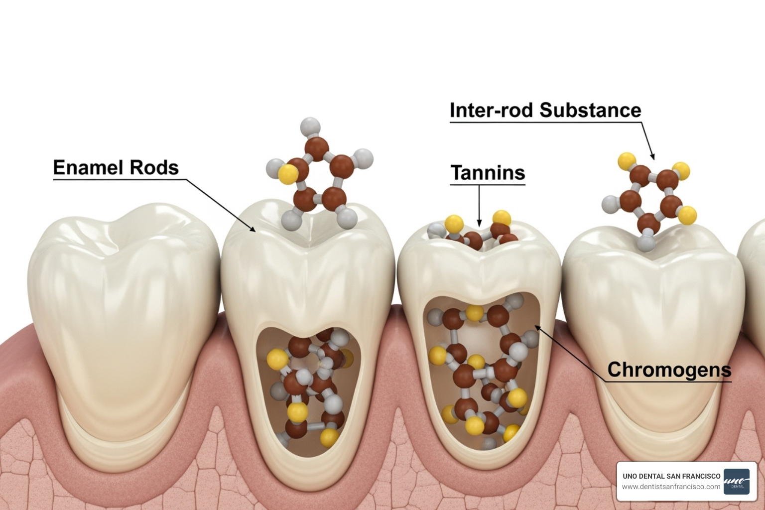 Diagram showing tannins and chromogens on tooth enamel - get rid of coffee stains on teeth Diagram showing tannins and chromogens on tooth enamel - get rid of coffee stains on teeth