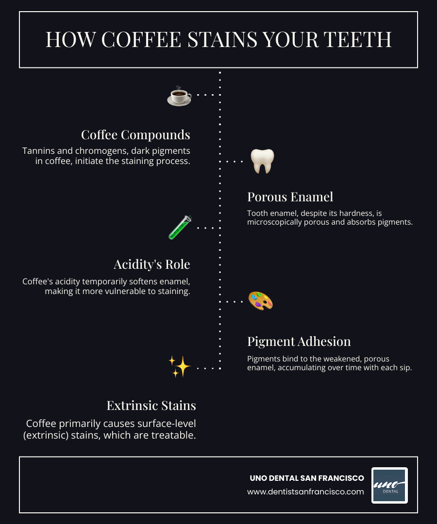 Infographic showing how coffee tannins and chromogens penetrate tooth enamel pores, the role of acidity in weakening enamel, and the difference between surface stains and deeper discoloration - coffee stained teeth infographic infographic-line-5-steps-dark