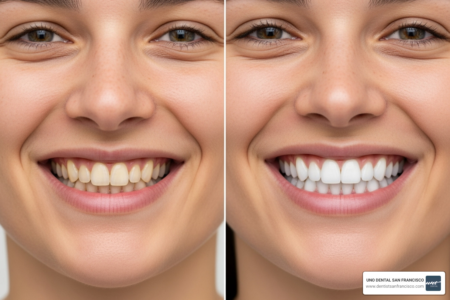before-and-after smile change from teeth whitening - coffee stained teeth