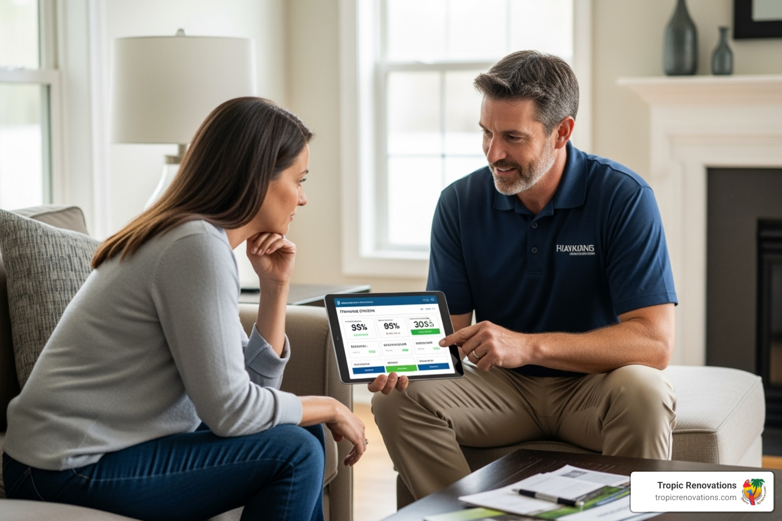 Image of a contractor showing a customer financing options on a tablet during a consultation - Do you offer financing?