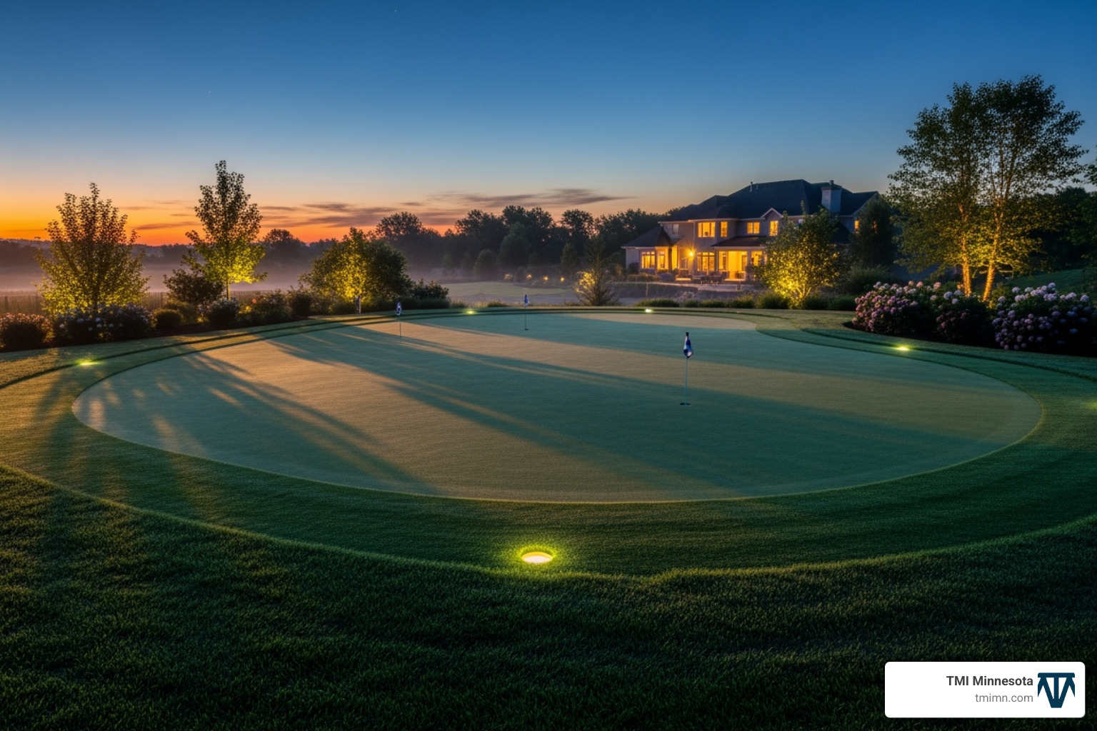 image of a backyard putting green at dusk, highlighted by neat landscape lighting. - Backyard putting green
