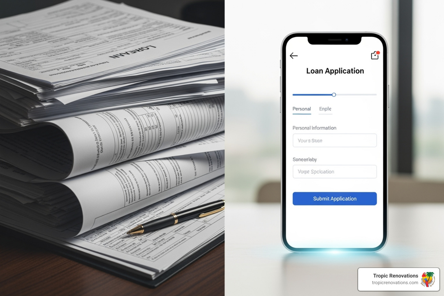 Split screen image showing a complex, paper-heavy in-house loan document on one side and a modern, simple third-party app interface for loan application on the other - Do you offer financing?