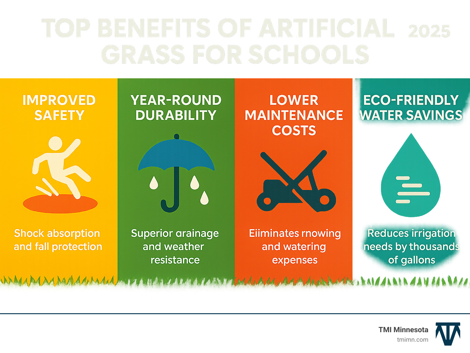 Infographic showing the top 4 benefits of artificial grass for schools: Improved Safety with shock absorption and fall protection, Year-Round Durability with superior drainage and weather resistance, Lower Maintenance Costs eliminating mowing and watering expenses, and Eco-Friendly Water Savings reducing irrigation needs by thousands of gallons annually - artificial grass for schools infographic Infographic showing the top 4 benefits of artificial grass for schools: Improved Safety with shock absorption and fall protection, Year-Round Durability with superior drainage and weather resistance, Lower Maintenance Costs eliminating mowing and watering expenses, and Eco-Friendly Water Savings reducing irrigation needs by thousands of gallons annually - artificial grass for schools infographic