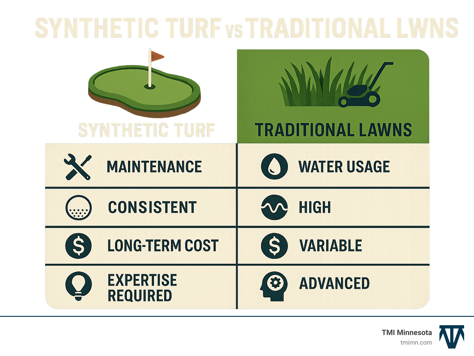 Infographic comparing Synthetic Turf to Traditional Lawns on key factors: Maintenance (Low vs. High), Water Usage (Minimal vs. High), Playability (Consistent vs. Variable), Long-Term Cost (Low vs. High), and Expertise Required (Basic vs. Advanced). - Backyard putting green infographic 