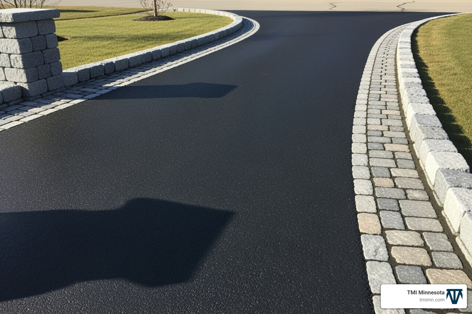 A smooth black asphalt driveway with Belgian block edging - affordable driveway ideas A smooth black asphalt driveway with Belgian block edging - affordable driveway ideas