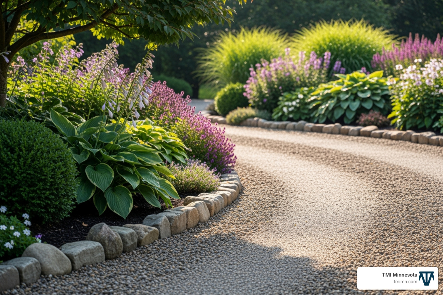 A neat gravel driveway with a stone border and lush landscaping - affordable driveway ideas A neat gravel driveway with a stone border and lush landscaping - affordable driveway ideas