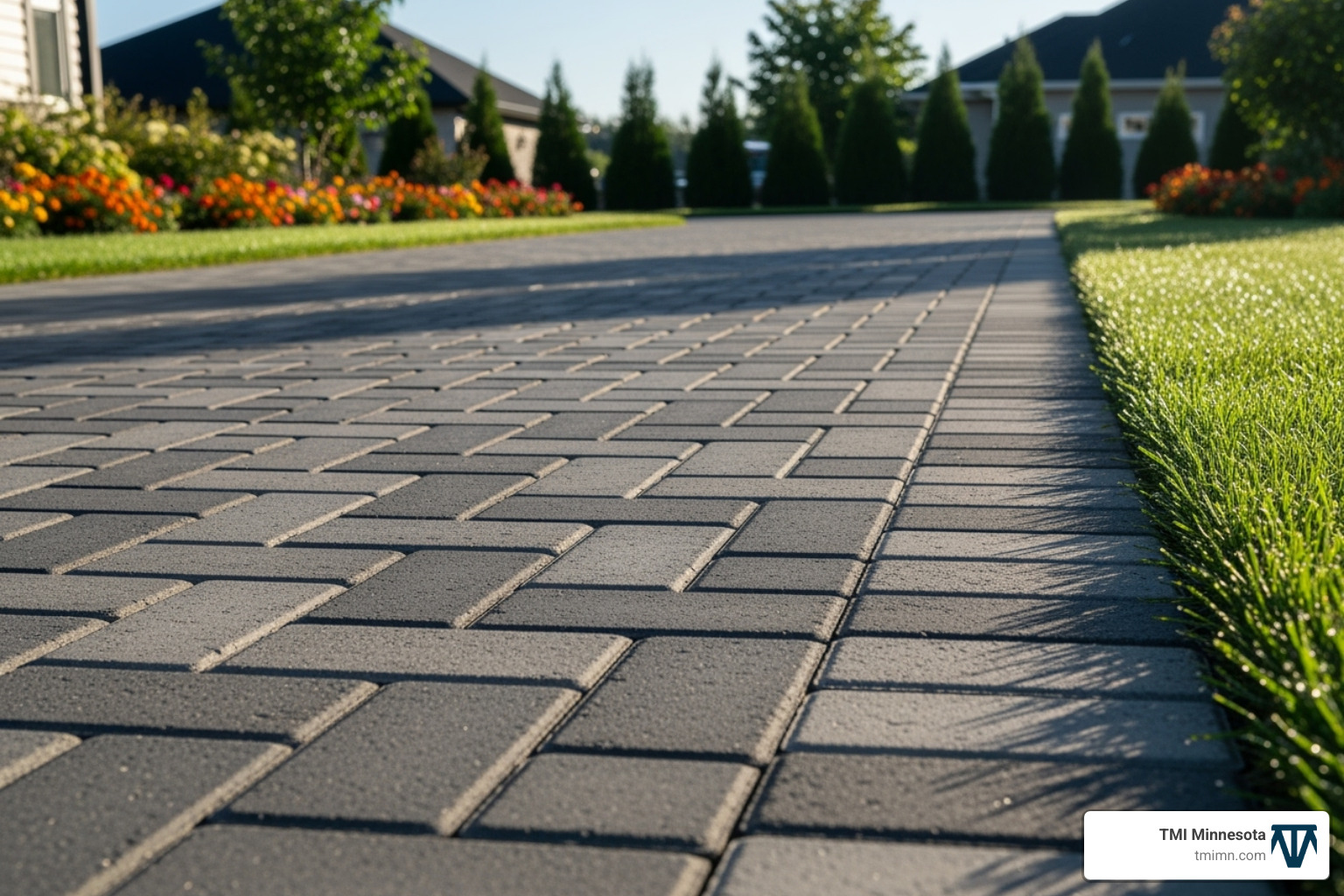 A driveway made with interlocking concrete pavers in a simple pattern, bordered by lush green grass - affordable driveway ideas A driveway made with interlocking concrete pavers in a simple pattern, bordered by lush green grass - affordable driveway ideas