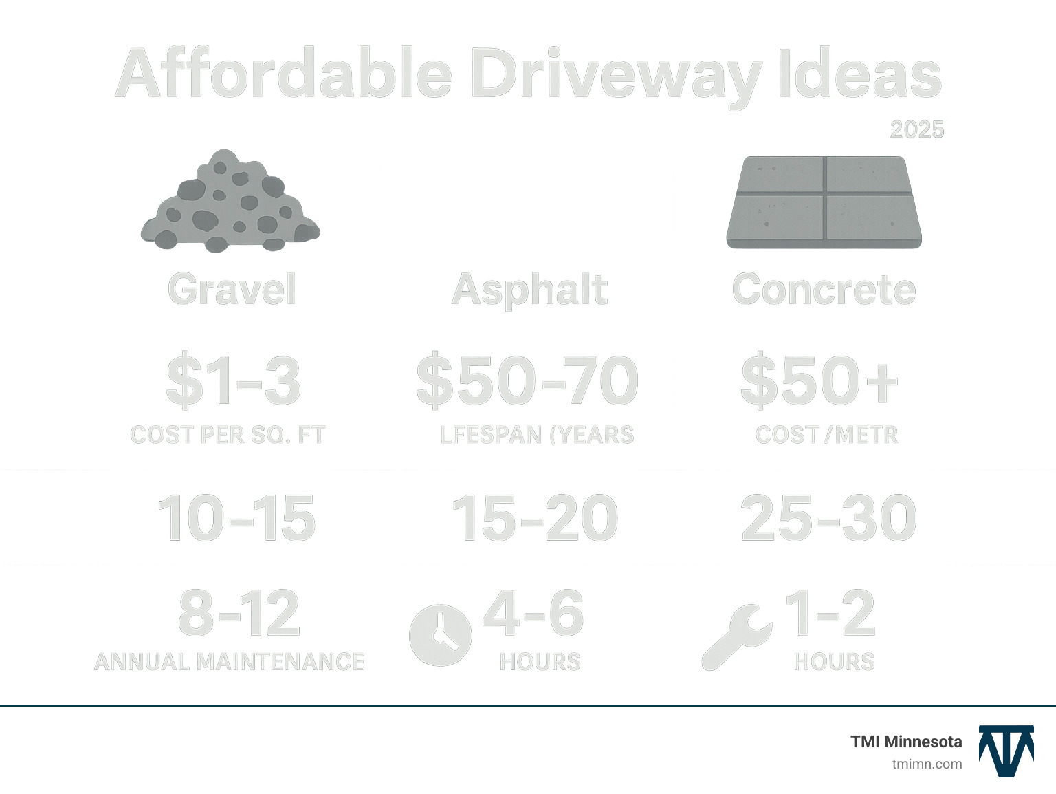 Infographic comparing cost per square foot, lifespan in years, and annual maintenance hours for gravel driveways at $1-3 per sq ft with 10-15 year lifespan and 8-12 maintenance hours, asphalt driveways at $50-70 per sq meter with 15-20 year lifespan and 4-6 maintenance hours, and concrete driveways at $50+ per sq meter with 25-30 year lifespan and 1-2 maintenance hours - affordable driveway ideas infographic Infographic comparing cost per square foot, lifespan in years, and annual maintenance hours for gravel driveways at $1-3 per sq ft with 10-15 year lifespan and 8-12 maintenance hours, asphalt driveways at $50-70 per sq meter with 15-20 year lifespan and 4-6 maintenance hours, and concrete driveways at $50+ per sq meter with 25-30 year lifespan and 1-2 maintenance hours - affordable driveway ideas infographic