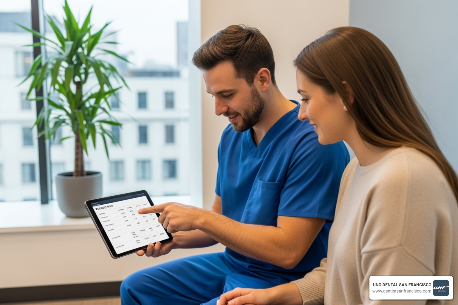 Image of a patient and a dental team member reviewing a payment plan document on a tablet, illustrating accessible financial planning for Invisalign treatment - Invisalign Cost San Francisco