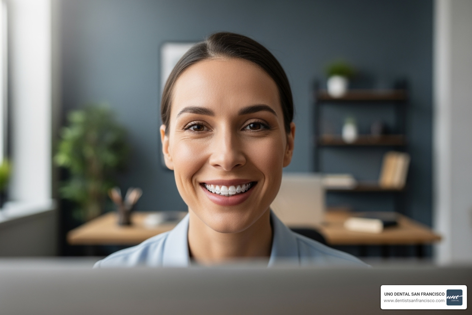 Image of a professional adult smiling confidently during a video call, showcasing the discreet appearance of Invisalign aligners in a professional setting - Invisalign Cost San Francisco