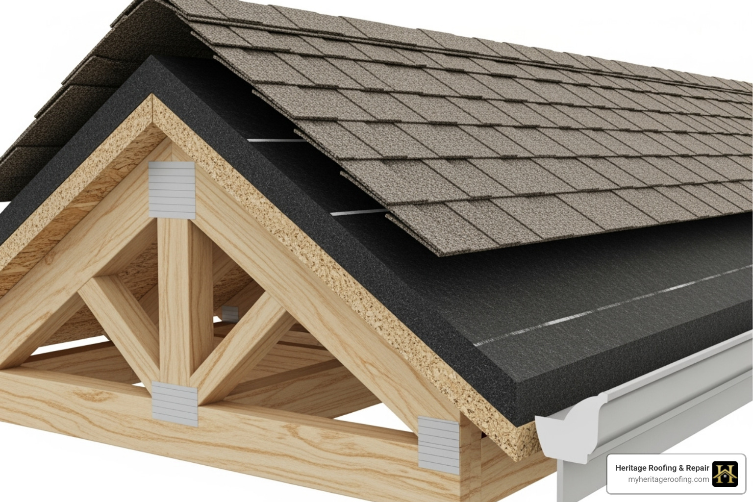 IMAGE of a cross-section of a roof showing all layers from decking to shingles - roof replacement cost estimate