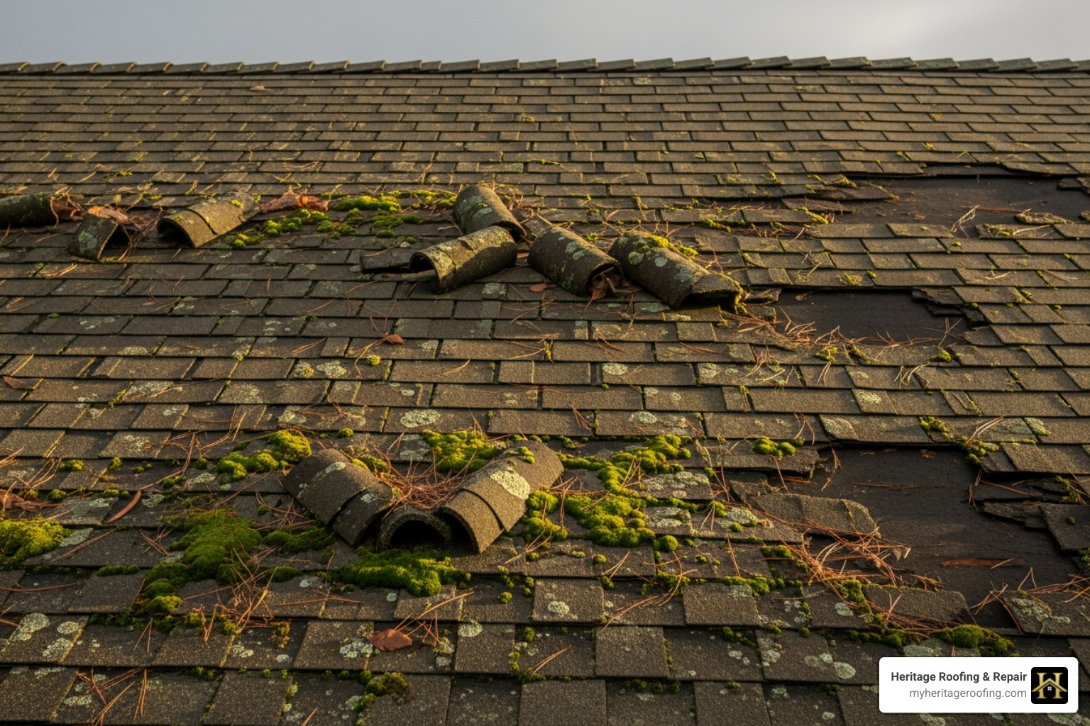 IMAGE of a roof with curled, damaged shingles and moss growth - roof replacement cost estimate